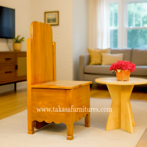 Space-saving iron chair with small table perfect for patios and lounges.