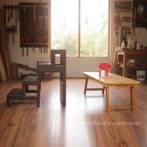 Space-saving furniture set with foldable chair and small teapoy table.