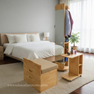 Functional dressing setup featuring movable mirror and side table.