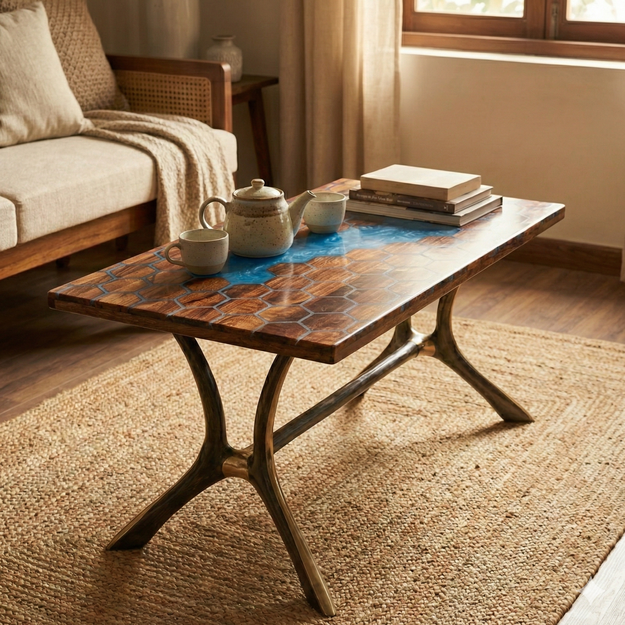 The Azure Honeycomb River: Premium Hexagonal Wood & Epoxy Resin Table - Image 2